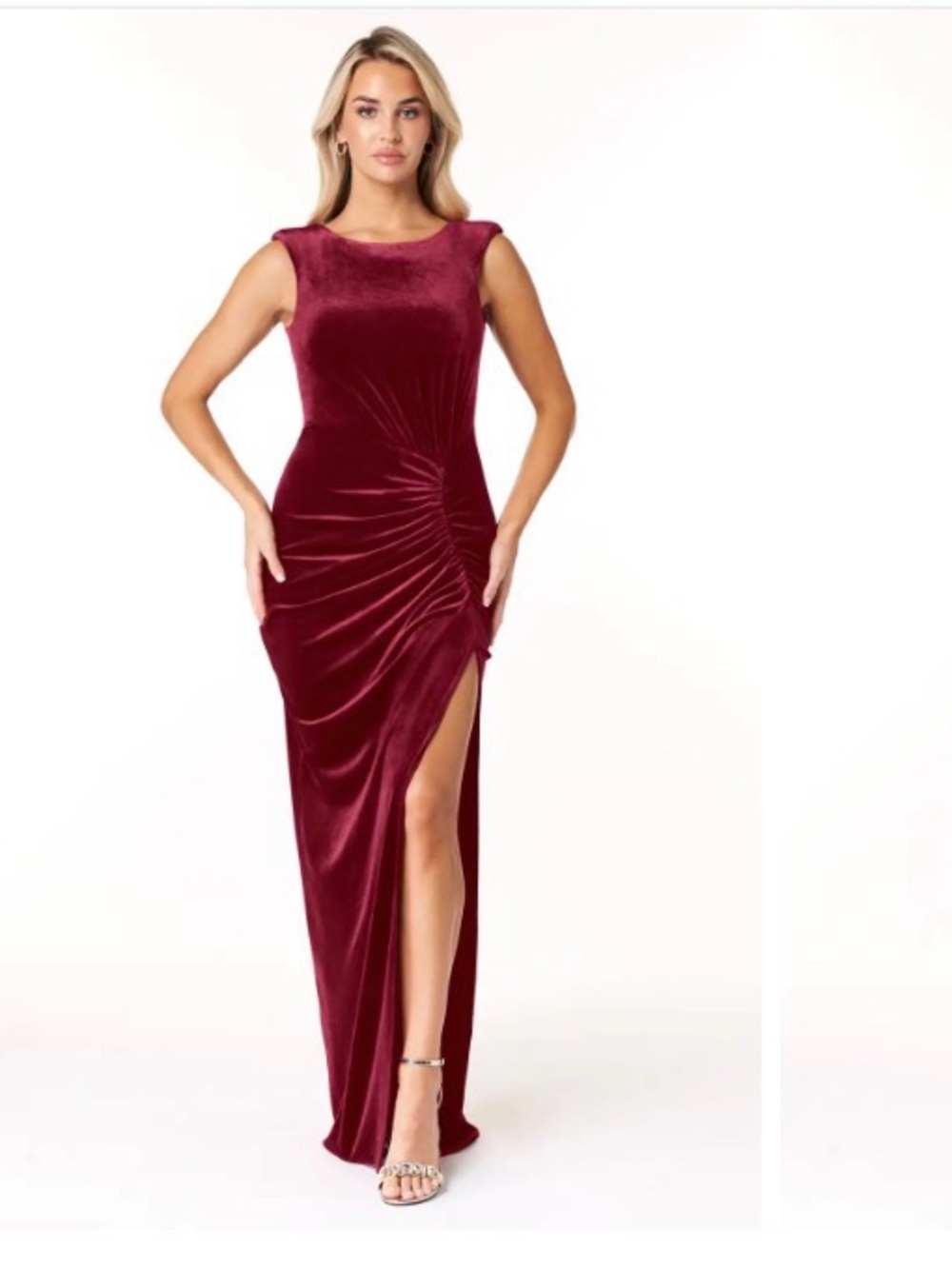 Azazie Wine Velvet Ruched Side-Slit Maxi Dress